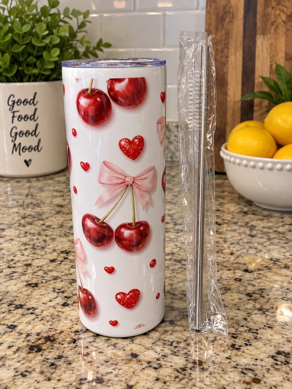 Cherry Heart Stainless Tumbler with Pink Bow Design